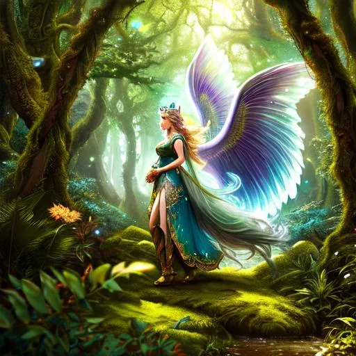 Prompt: Fairy queen in a mythical forest, beautiful, mythical beasts in surroundings, High detail, UHD