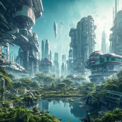 Prompt: Old abandoned Futuristic city overgrown with lush green plants reflection lake light blue sky with hover ships light high resolution 8k