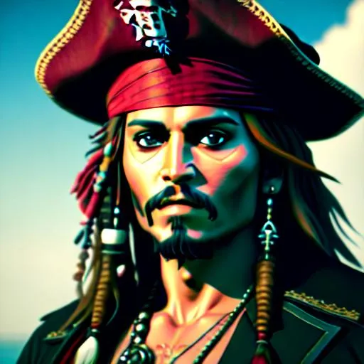 Prompt: Jack Sparrow, masterpiece  with detailed face 4k, trending on artstation, octane render.