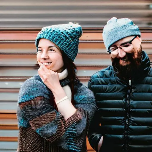 Prompt: A woman wearing a kabbutz and a man wearing a toque 