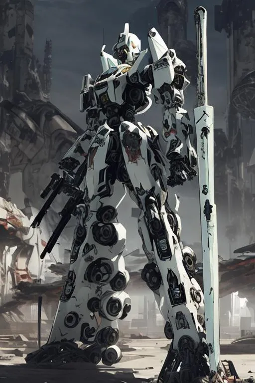 Prompt: A white mecha with complex design with a long sword and a rifle with a ruined city as background