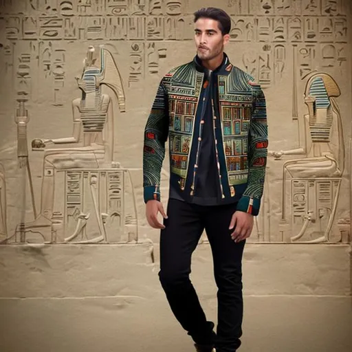 Prompt: Men's green jeans jacket with a design inspired by the ancient Egyptian civilization mixed with modern elegance