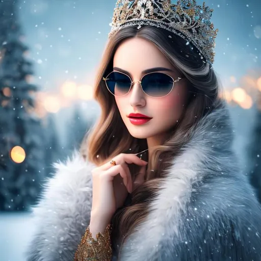 Prompt: create photograph of beautiful winter princess with sunglasses on, extremely detailed face, extremely detailed environment, extremely detailed background, extremely detailed skin, natural colors , professionally color graded, photorealism, 8k, realistic, moody lighting, ambience lighting, complex filigree, galactic environment, volumetric lighting