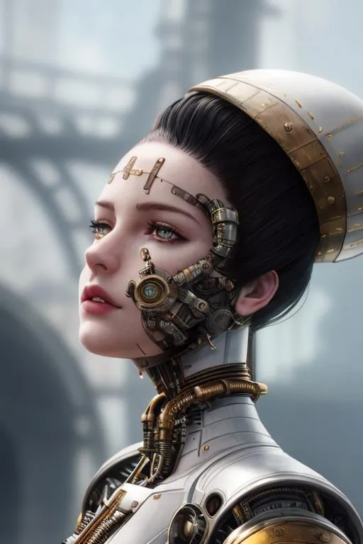 Prompt: ultra realistic illustration, 100 mm lens, cinematic shot, upper body front view, perfect angle,

biochemical android steampunk woman, (detailed face, detailed eyes, detailed nose, detailed mouth and lip), white long hair, expressive, beautiful bang, ultra detailed steampunk museum background,

The vibrant colors create a hype realistic color splash art, Unreal minimalism with octane render creates depth of field with bokeh. Style: A sculpture made with bronze, using a combination of traditional techniques and 3D modeling,

(Ultra detailed, finest detail, intricate), 

(Epic composition, epic proportion, epic fantasy),

cinematic lighting, volumetric lighting, studio lighting, neon light, global illumination, (depth of field:0.4, blur, bloom:0.2), reflection, hard shadow, contrast, vibrant color, RAW photo, photography,

HD, UHD, masterpiece, professional work.