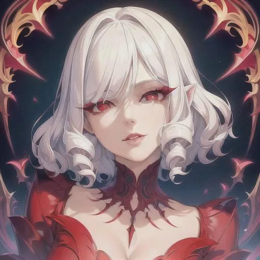 Prompt: (masterpiece, illustration, best quality:1.2), short curly white hair, demonic like vibe, red eyes, wearing red silky nightgown, best quality face, best quality, best quality skin, best quality eyes, best quality lips, ultra-detailed eyes, ultra-detailed hair, ultra-detailed, illustration, colorful, soft glow, 1 girl