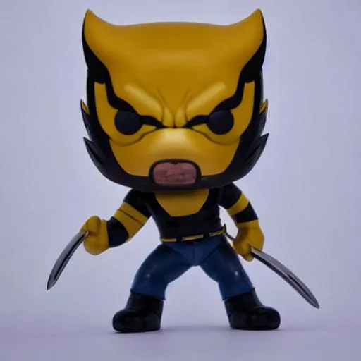 Prompt: Funko pop Wolverine figurine, made of plastic, product studio shot, on a white background, diffused lighting, centered