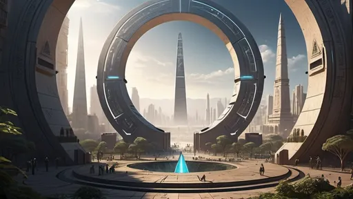 Prompt: human-scale circular portal, portal between cities realms worlds kingdoms, ring standing on edge, freestanding ring, hieroglyphs on ring, complete ring, obelisks, pyramids, futuristic towers, garden plaza, large wide-open city plaza, wide vista view, futuristic cyberpunk dystopian setting