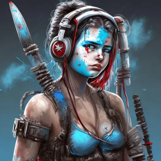 Prompt: Post-Apocalyptic Warrior girl with headphones blue and red