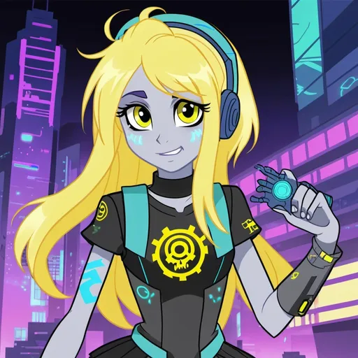 Prompt: Cyberpunk equestria girls derpy hooves