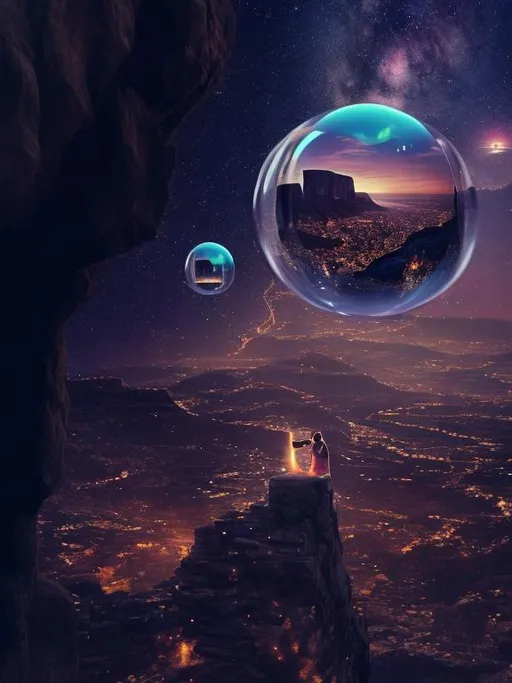 Prompt: Imagine a person standing at the edge of a cliff, with a clear view of a beautiful landscape ahead. The person has their arms outstretched and their eyes closed, as if in deep concentration. From their mind, vibrant thought bubbles are emanating, filled with various images representing their desired outcomes: a diploma symbolizing education, a globe representing travel, a dollar sign representing financial abundance, and so on. These thought bubbles are morphing into physical manifestations that hover in the air around the person, ready to be realized. Birds are soaring above them, representing freedom and endless possibilities. The scene is bathed in warm, golden sunlight, symbolizing positivity and empowerment. This concept visually captures the idea of transforming thoughts into real-world results through the power of manifestation.