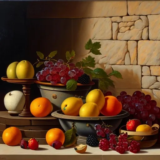 Prompt: still life with a variety of assorted fruits near wooden barrels in front of a stone wall, detailed oil on canvas, 8K