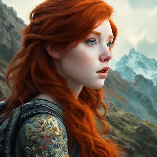 Prompt: Portrait of female with red hair and with cute face, mountain top, perfect composition, hyperrealistic, super detailed, 8k, high quality, trending art, trending on artstation, sharp focus, studio photo, intricate details, highly detailed,