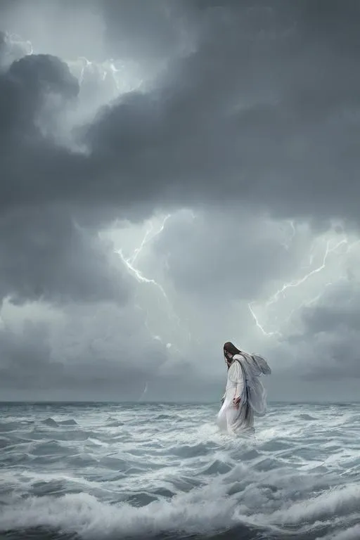 Prompt: Powerful Jesus wearing white and light brown walking in the stormy sea at dark night, smokes, ashes, somber, highly detailed, full body, low lighting, ultra realistic, 8K, digital art, unreal engine 5, simétric