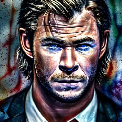 Prompt: chris Hemsworth, hyper realistic, water color ,stoic look, in a suit, HD, 4K, Photo realistic