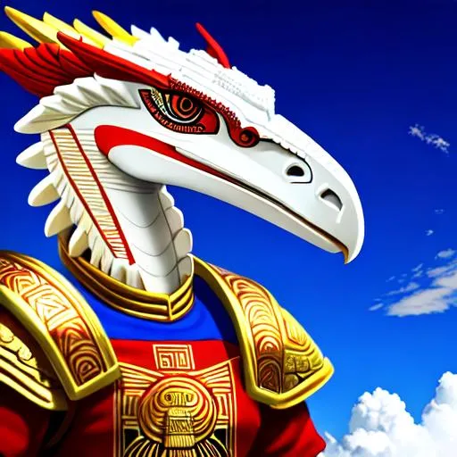 Prompt: A white and red humanoid Velociraptor wearing gold and blue ancient Mayan/Aztec style armor.