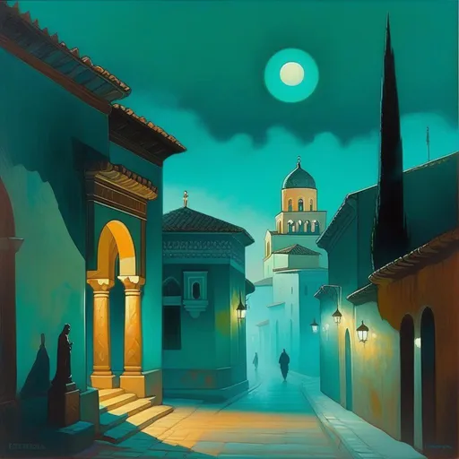 Prompt: Cordoba at night, creepy, fog, cold teal atmosphere, cartoony style, extremely detailed painting by Greg Rutkowski and by Henry Justice Ford and by Steve Henderson 

