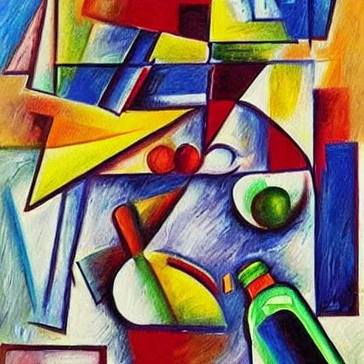 Prompt: God 🙏 abstract cubism realistic painting hidden items random items placed in the painting like a coloring book The universe in a part of the painting hidden and a Bottle of wine and bread and fruits and animals 