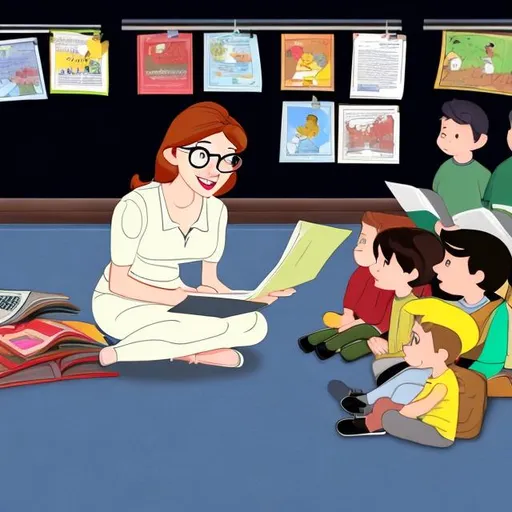 Prompt: a cartoon teacher reading a story to her class on the carpet.  Black and white with a transparent background
