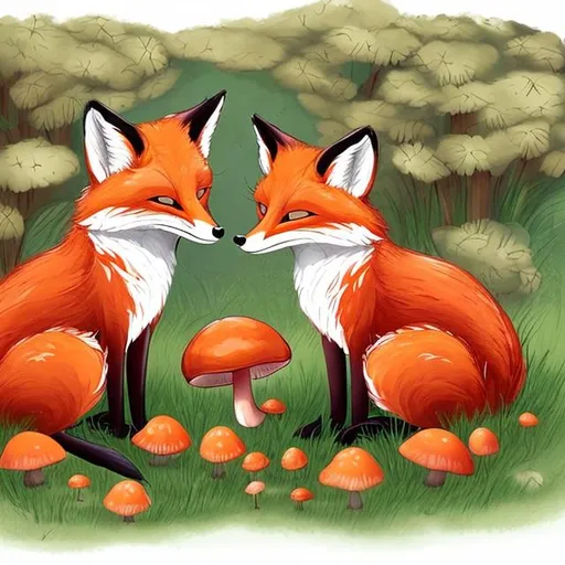 Prompt: 2 foxes sitting in a beautiful garden with red mushrooms surrounding them, one is a dark shade of orange while the other one is lighter, its a gloomy day.