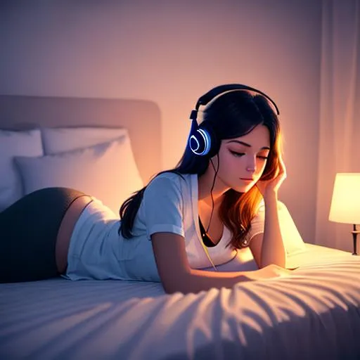 beautifull girl with headset laydown in bed cozy roo OpenArt