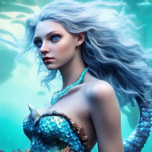 Prompt: HD 4k 3D professional modeling photo hyper realistic beautiful enchanting sea witch woman grey hair fair skin blue eyes gorgeous face black mermaid tail and shell necklace magical underwater landscape hd background ethereal mystical mysterious beauty full body
