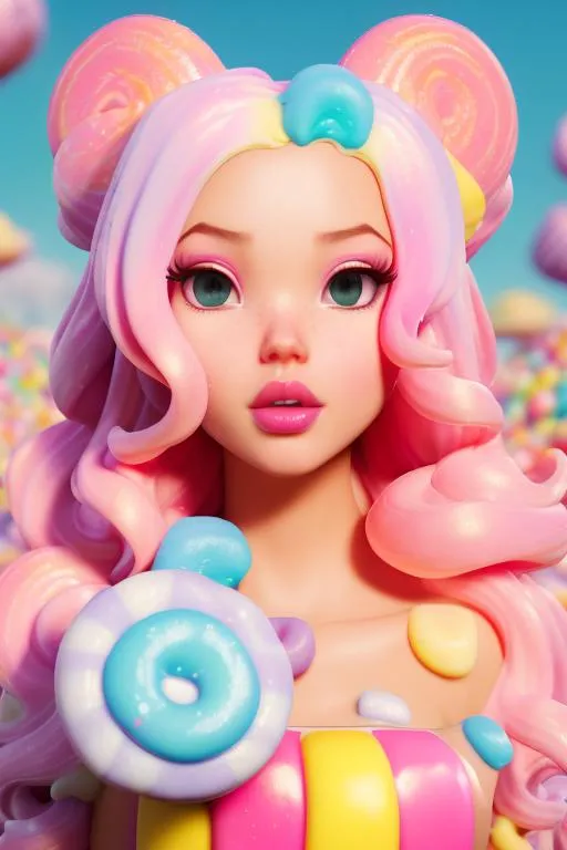 Prompt: A beautiful candyland girl, made of jelly beans, lollipops, cotton candy, muffins, colorful, cute, whimsical, art by Atey ghailan, victo ngai, ilya kuvshinov, Thomas Kinkade, artgerm, highly detailed, cinematic smooth, high definition, unreal engine, cinematic lighting, super clear resolution 