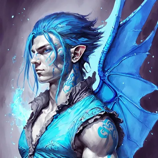 Prompt: Big Blue Dragon wings on an elf man with long Azure hair and fire