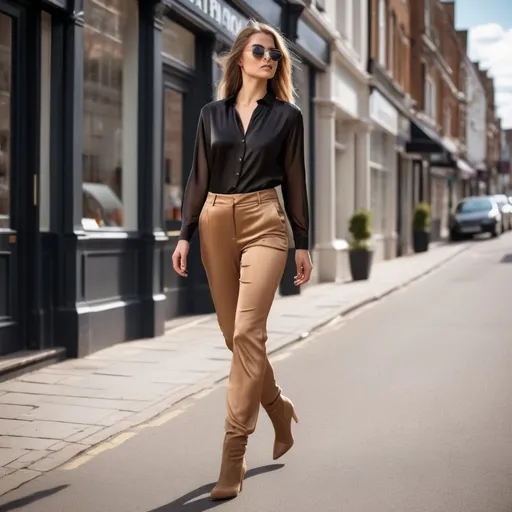 Prompt: Tall young woman walking down the high street, detailed clothing, realistic, natural lighting. black silk shirt, tan polyster pants, high heel boots, mirrored sunglasses