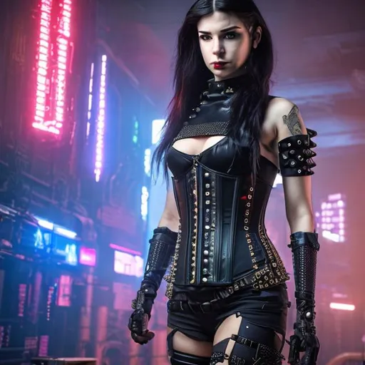 Prompt: female cyberpunk netrunner wearing a leather studded corset while hacking