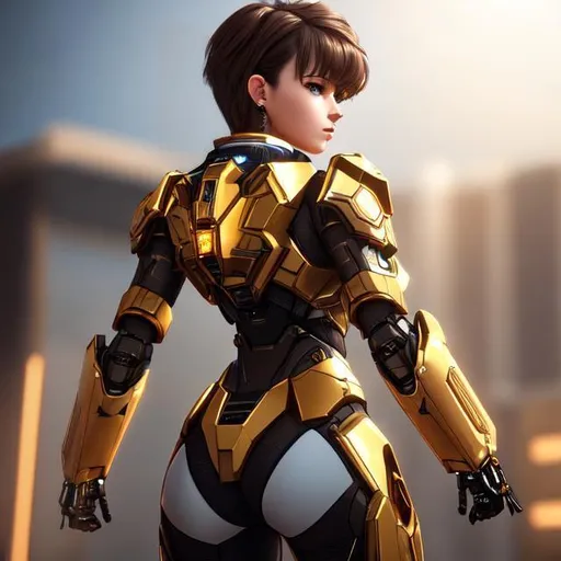 Prompt: 3D, Full HD render + immense detail + dramatic lighting + well lit + fine | ultra - detailed realism, full body art, lighting, high - quality, engraved | highly detailed | 

20 years old, short brown hair with dark brown highlights, shaved on sides and back, gold eyes, mech suit, mech wings, spaceship, parted bangs, ethereal, ultra futuristic military base, digital painting, artstation, concept art, smooth, sharp focus, Nostalgic, concept art, parted bangs, ethereal, parted bangs, ethereal, wild hair, sensual royal vibe, highly detailed, digital painting, Trending on artstation, Big Eyes, artgerm, highest quality stylized character concept masterpiece, award winning digital 3d oil painting art, hyper-realistic, intricate, 64k, UHD, HDR, image of a gorgeous, beautiful, dirty, highly detailed face, hyper-realistic facial features, perfect anatomy in perfect composition of professional, long shot, sharp focus photography, cinematic 3d volumetric