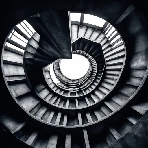 Prompt: An intricate depiction of a brutalist liminal space, characterized by stark, geometric structures and a monolithic concrete aesthetic. This liminal space features a complex network of stairs, inspired by M.C. Escher's 'Relativity,' where the stairs create an impossible, paradoxical loop, defying gravity and perspective. The scene should evoke a sense of surrealism and disorientation, blending the rigidness of brutalist architecture with the mind-bending illusion of Escher's artwork. The image should capture the eerie, transitional quality of liminal spaces, where the boundaries of physical laws are visually challenged 