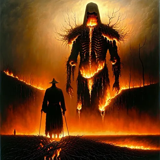 Prompt: Hyper-realistic nightmarish painting by Zdzisław Beksiński of a warrior standing upon a landscape of corpses as he is consumed by fire. A glimmer of hope shines above the warrior, painted by Alejandro Bursido. death | suffering | malevolence | war | grim | despair | UHD, 4K, 8K, 64K, highly detailed.