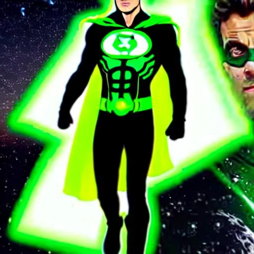Prompt: Hal Jordan Ryan Reynolds Inspired, Green-Glowing-Cape floating in deep outer-space 