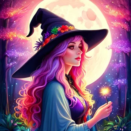 Prompt: a beautiful witch with flowing multicolored hair, Disney style, witch hat, moon, forest, flowers, nighttime, galaxy, soft light, art, painting, sweet, fireflies, pastel, vaporwave