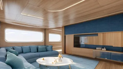 Prompt: a minimalist house interior inspired on a modern sailing yatch with marine walls with large square golden wood windows that look to a meadow at  cloudy sunrise and rounded white and marine blue checkerboard floors 