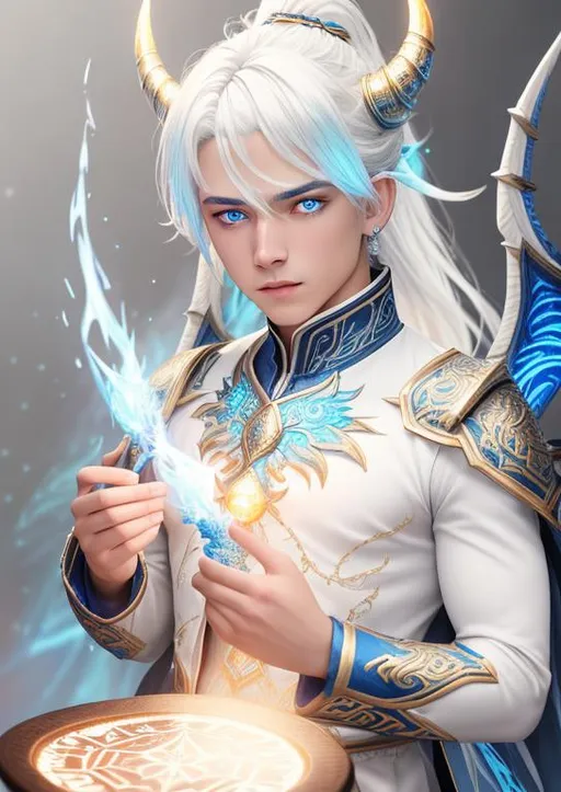 Prompt: intricate crystalized blue dragon horns, ombre white hair, glowing runic eyes, unique colored eyes, 19yo boy, handsome, ponytail, intricate clothes, glowing wings of fire, fantasy, DnD mage, caught on blue fire, blue burning luminescence, blue fire burning on body, concept art, 4k, HDR, symmetrical, fullbody, ((full body)) {{good looking}} {{cute}} {{good body}} {{tight}}, {{shadows}},
