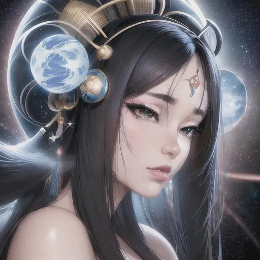 Prompt: portrait of japanese model, the most beautiful, big eyes, stars , planets, outer space background , blue , white, green, black,   realistic, blessed, detailed lips, big lips, mesmerizing, gorgeous, stunning, highly detailed concept art, high resolution scan, hd octane render, cinematic light,  intricate detailed, highly detailed face, unreal engine, trending on artstation, UHD, 8k, Very detailed