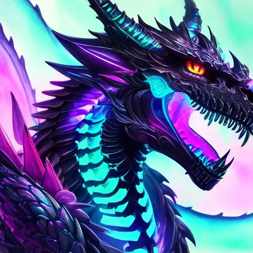 portrait of a roaring neon skeleton dragon with fang... | OpenArt