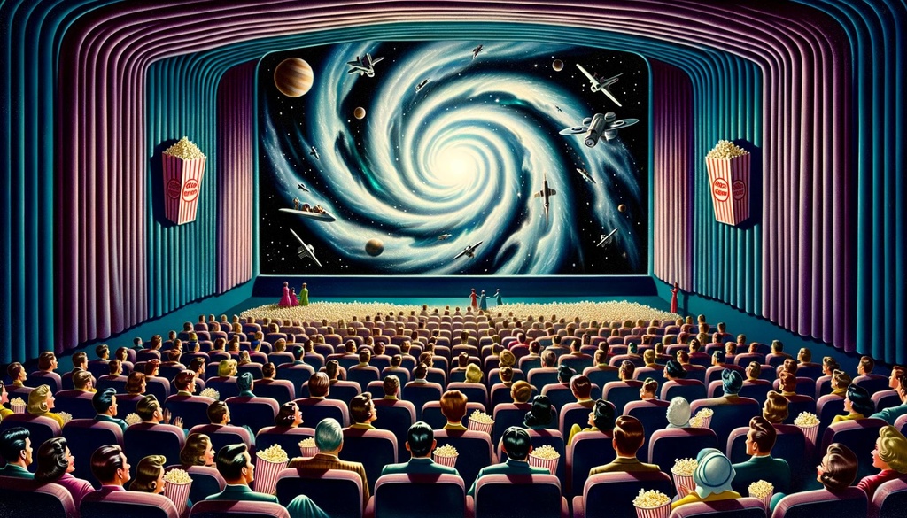 Prompt: Illustration: A 1950s movie theater, where the screen is a portal into another dimension. The audience members, consisting of men and women of various descents, are floating out of their seats, being drawn into the film. Popcorn floats around, defying gravity, and the film reel has transformed into a spiral galaxy.