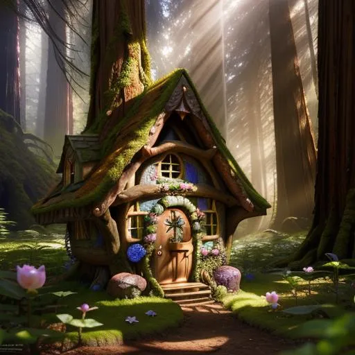Prompt: Fairy house deep in the heart of the redwoods, detailed scene, digital painting, hyperrealistic, fantasy, Surrealist, by Amy Brown and Alan Lee, artstation, highly detailed, sharp focus, wide angle shot, mystical, stunningly beautiful, utopian, warm colour, god rays, natural lighting