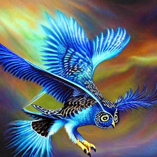 Prompt: spiritual owl hypnotic, dark black  and bright blue. Sharp teeth. Feathered dinosaur dragon