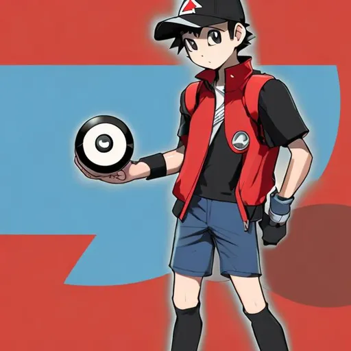 Prompt: A POKéMON Trainer with a red jacket on a black T-shirt and wearing blue shorts with a pokeball in his right hand 