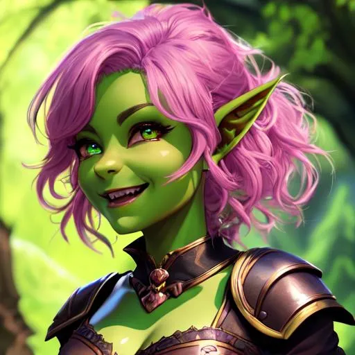 Prompt: oil painting, D&D fantasy, green-skinned-goblin girl, green-skinned-female, small, beautiful, short dark pink hair, wavy hair, smiling, pointed ears, fangs, looking at the viewer, cleric wearing intricate adventurer outfit, #3238, UHD, hd , 8k eyes, detailed face, big anime dreamy eyes, 8k eyes, intricate details, insanely detailed, masterpiece, cinematic lighting, 8k, complementary colors, golden ratio, octane render, volumetric lighting, unreal 5, artwork, concept art, cover, top model, light on hair colorful glamourous hyperdetailed medieval city background, intricate hyperdetailed breathtaking colorful glamorous scenic view landscape, ultra-fine details, hyper-focused, deep colors, dramatic lighting, ambient lighting god rays, flowers, garden | by sakimi chan, artgerm, wlop, pixiv, tumblr, instagram, deviantart