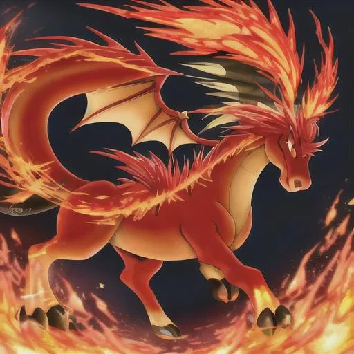 Prompt: Anime, Pokémon, fire dragon that has wigs made of fire