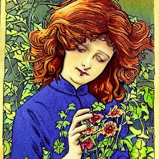 Auburn Haired Woman Planting Flowers Art Nouveau Wit Openart