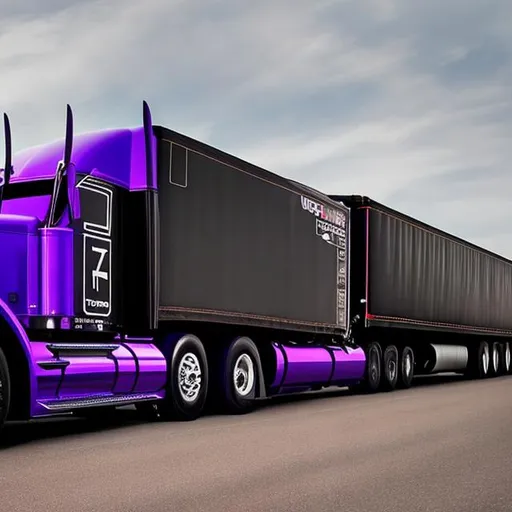Prompt: 18 wheeler that is Black with purple highlights 
