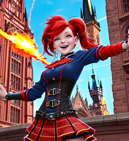 Prompt: Professional splash art, in front of a red-sandstone stone skyscrappers with renaissance Prague spire architecture, blue skinned gnome girl, cute, carefree playful look on her face, red hair shooting up like flames, very large hairstyle, wearing navy-blue with red pinstripes with red accents electropunk, skirt with slits down both sides, wearing electical metal steampunk gauntlet, very short, electricity arcs from the gauntlet, chaotic magic bursts from her hand, steampunk, electropunk, blue skin, Highly detailed, haversack, mage channeling arcane magic, wizard spellbook, chaotic magical energy in the air, excitement, action.