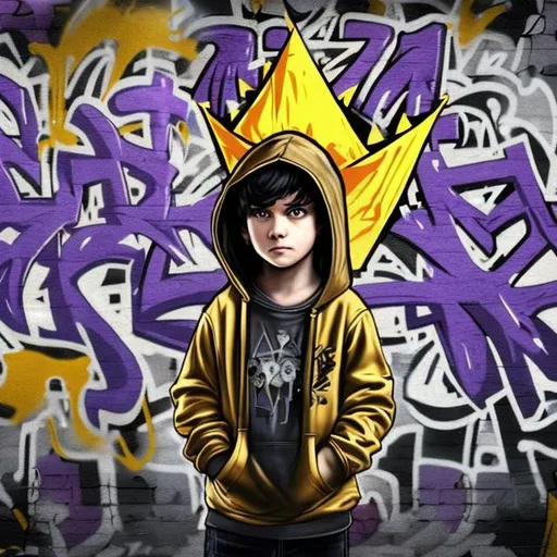 Prompt: a boy with black hair a purple hoody whirring a golden crown standing next yo a wall of graffiti