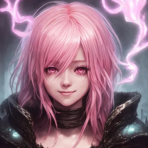 Prompt: Digital art, splash art, dark souls vibes, cozy, warm, neon light, portrait, young anime woman, pink hair with white streaks, detailed face, kind smile, dreaming