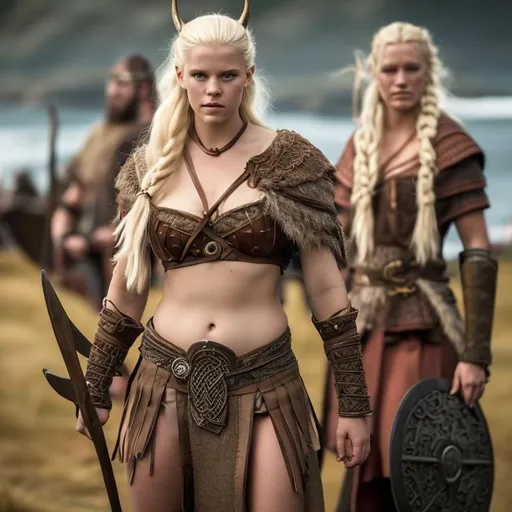 Prompt: beauty full women blonde in viking film, wide hips, bikini